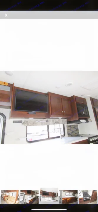 RV rental: Modern kitchen interior with TV, dark wood cabinets, sink, and microwave.. Forest River Sunseeker 2018