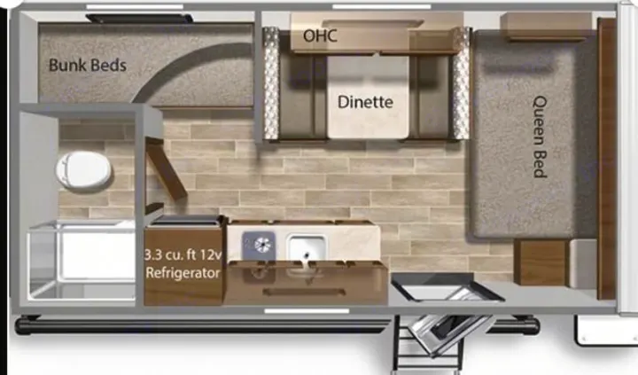 RV rental floor plan: Queen bed, bunks, dinette, kitchen, and bathroom amenities. Ideal for your next adventure.. Dutchmen Coleman Lantern 2021