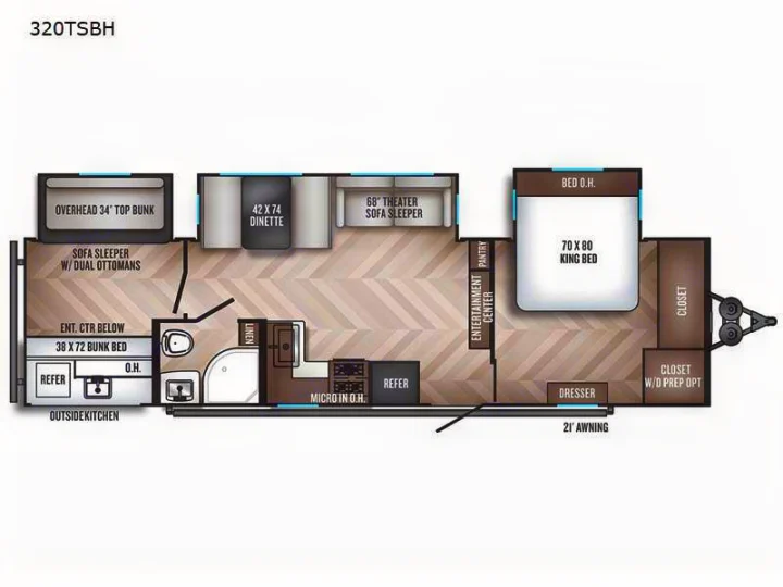 Overhead view of an RV rental floor plan (320TSBH), highlighting living spaces, king bed, bunkhouse, kitchen, and bathroom.. Forest River Palomino Solaire 2023