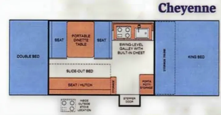 Cheyenne RV rental floor plan: Detailed interior layout with beds (double, king, slice-out), kitchen, dinette & storage.. Coleman Destiny Cheyenne 1998