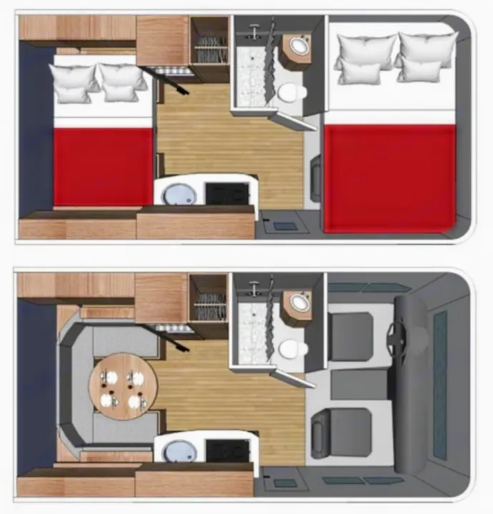 Explore this RV rental's versatile interior. Top: two beds. Bottom: a dining area, driver's cab & one bed. Smart mobile living.. ALP Adventurer 19RD 2021