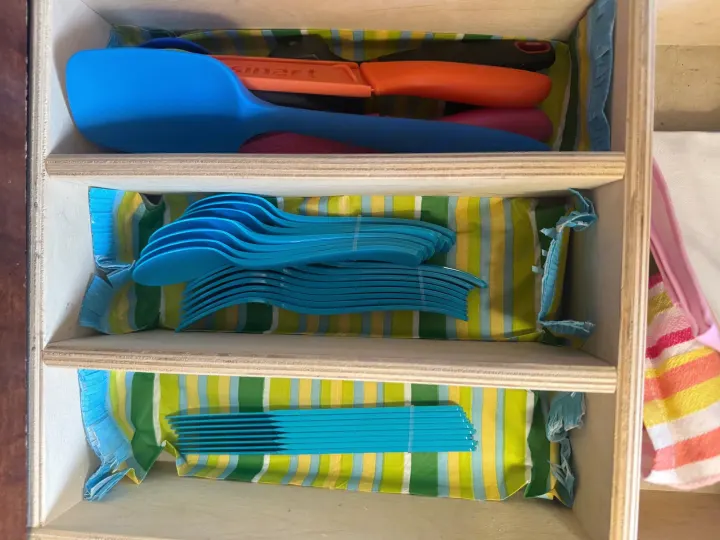 Compact RV rental kitchen organizer: Wooden shelves neatly store a large blue utensil, Cuisinart tools, blue spoons, and forks.. Forest River Salem Cruise Lite 2017