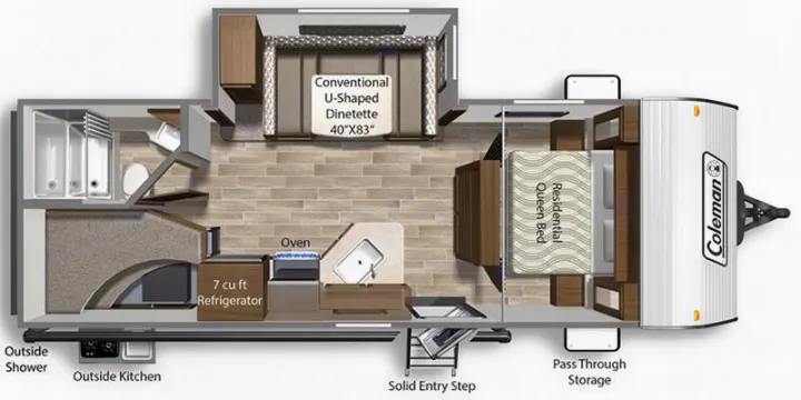 Overhead view of a Coleman RV rental floor plan with a dinette, queen bed, kitchen, bathroom, and exterior features.. Keystone Coleman Lantern 2019