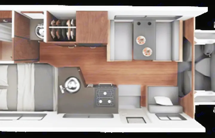 Overhead view of an RV rental interior: bed, kitchen, dining, and living areas. See this modern, compact mobile home layout.. Thor Majestic 2019