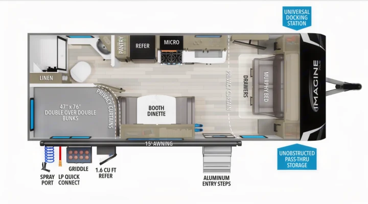 Detailed RV rental floor plan showcasing a Murphy bed, bunk beds, kitchen, dinette, and exterior features for your trip.. Grand Design Imagine XLS 2024