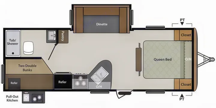 RV rental floor plan: featuring a queen bed, double bunks, kitchen, dinette, and bath for comfortable travel.. Keystone Springdale 2017