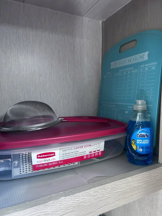 Organized RV rental kitchen essentials: strainer, Rubbermaid container, measurement board, and Dawn dish soap.. Forest River Salem Cruise Lite 2024