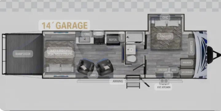 Detailed RV rental toy hauler floor plan, showing a 14' garage, kitchen, bath, living area, and king bed suite.. Heartland RVs Fuel Toy Hauler 2021