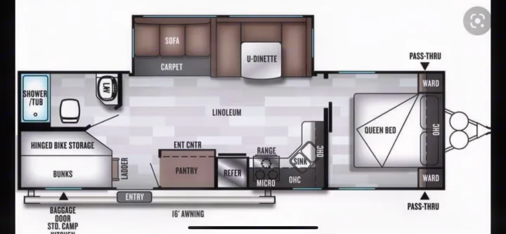 RV rental travel trailer floor plan: Queen bed, bunks, kitchen, bath, and living space layout for trips.. Forest River Salem 2019