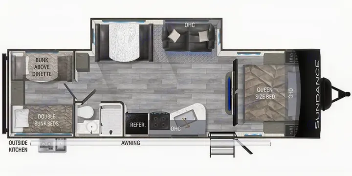 RV rental floor plan: Queen bed, bunks, dinette, sofa, kitchen, bathroom, and outside kitchen shown in top-down view.. Heartland Sundance 2024