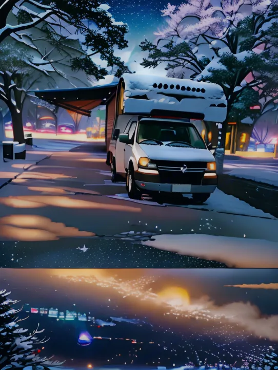 Enjoy a winter RV rental escape! A camper van in a snowy park at night, city lights and stars sparkle below.. Forest River Sunseeker LE 2023