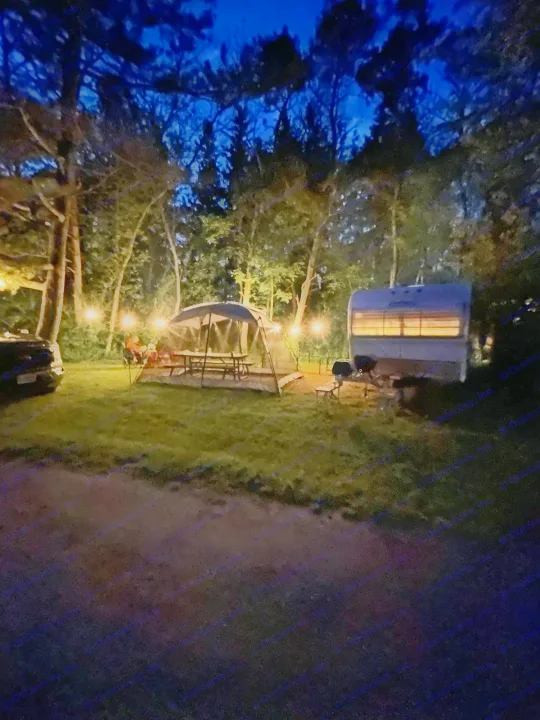 Cozy night camping setup with glowing string lights, screen tent, picnic table, and an RV rental by the trees.. Glendale Golden Falcon 1967
