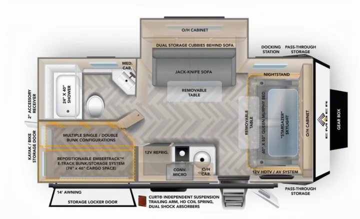 This RV rental floor plan shows a Queen Murphy bed, convertible bunks, kitchen, bath, sofa, and ample storage for adventure.. Ember Overland 2023