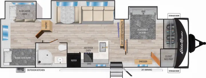 Detailed Eddie Bauer rv rental floor plan, perfect for families. Features queen bed (60x80), bunk beds, kitchen, and bath.. Keystone RV Eddie Bauer 34bsbh 2024