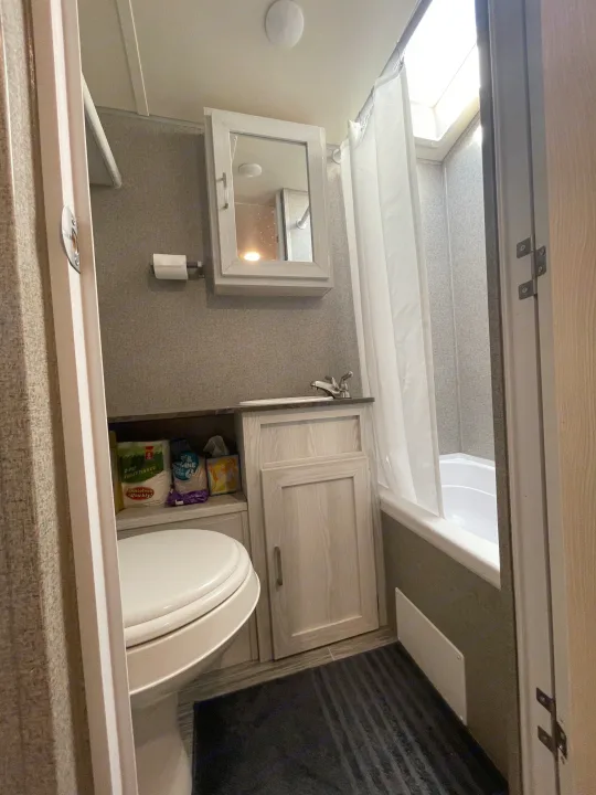 Inside an RV rental bathroom: compact design with toilet, vanity, medicine cabinet, and shower-tub combo with skylight.. Forest River Rockwood Geo Pro 2018
