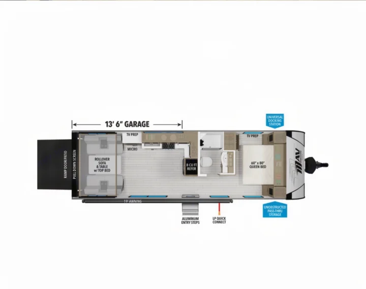 RV rental floor plan: A detailed layout featuring a 13'6" garage, queen bed, kitchen, bath, and outdoor patio ramp.. Grand Design Grand Design Trailer 2024