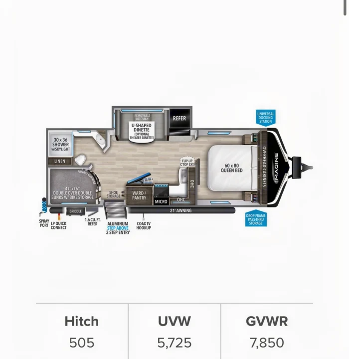 Detailed RV rental floor plan of an Imagine model with queen bed, bunks, and U-dinette. Includes dimensions and weight specs.. Grand Design Imagine 2022