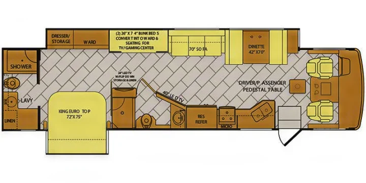 RV rental floor plan: A detailed motorhome layout showing beds, kitchen, bath, and living areas.. Fleetwood Bounder 2018