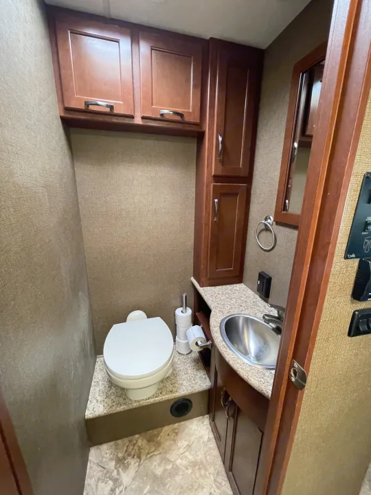 This RV rental bathroom features a compact toilet, vanity with sink, wood cabinets, and textured walls.. Thor Motor Coach A.C.E 2017