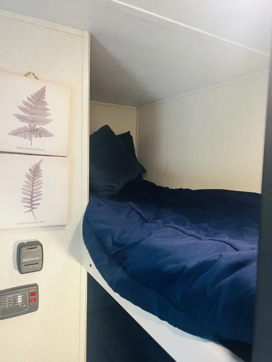 Cozy RV rental bunk bed with navy bedding and fern art on the wall. Controls visible on the left side.. Keystone RV Hideout 2022