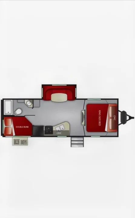 RV rental floor plan shows king bed at front, mid-section kitchen/dinette, and rear bath/double bunk beds.. Cruiser RV MPG Ultra Lite 2019