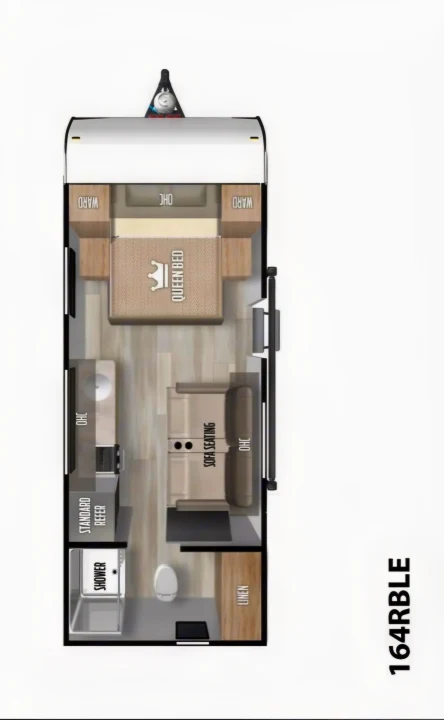 This travel trailer (164RBLE) floor plan, perfect for RV rental, features a queen bed, sofa seating, kitchen, and bathroom layout.. Forest River Salem FSX  164RBLE 2024