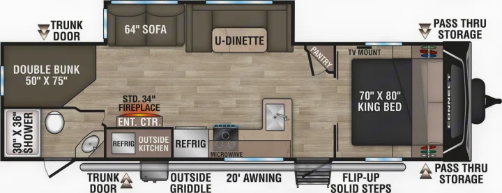 Detailed RV rental floor plan shows spacious king bed, double bunk, full kitchen, shower, dinette, and outdoor amenities.. KZ Connect C291BHK 2023