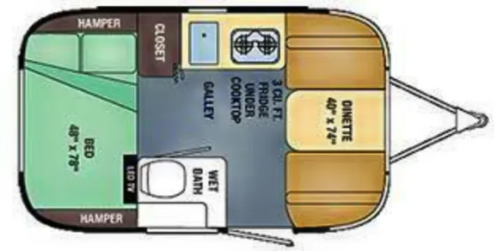 This RV rental floor plan shows a compact travel trailer with a dinette, galley, wet bath, and bed.. Airstream Sport 2017