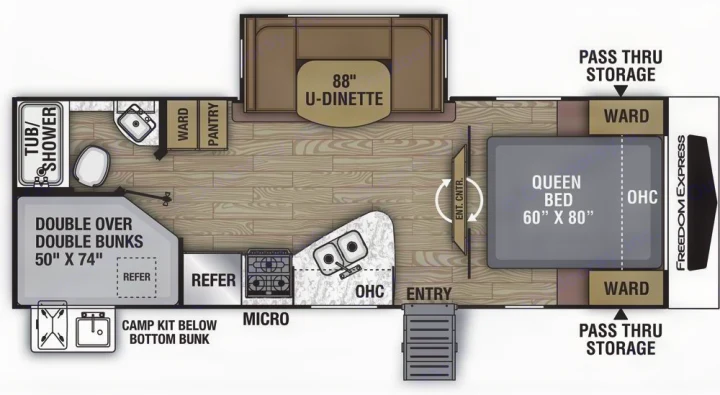 Explore this RV rental floor plan: queen bed, U-dinette, bunks, kitchen & bath. Perfect for family travel.. Coachmen fet257bhs-320 2021