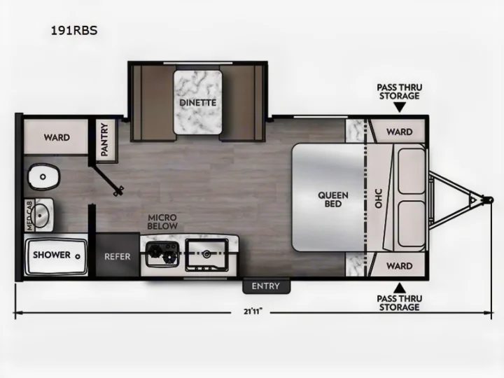 Explore this 21'11" 191RBS RV rental floor plan: queen bed, dinette, rear bath, kitchen, and storage areas.. Coachmen Apex Nano 2018