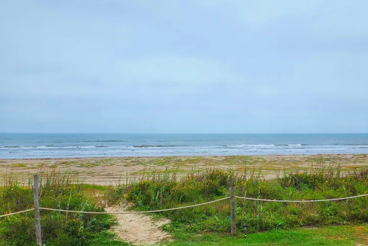 Path to a serene beach, ideal for an RV rental escape. Green plants frame the sandy walk to the gentle ocean.. Keystone RV Hideout 2023