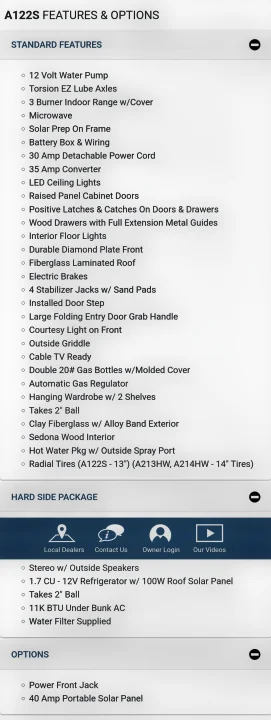 RV rental A122S features & options list, detailing standard items, hard side package, and available upgrades.. Rockwood A122s 2023