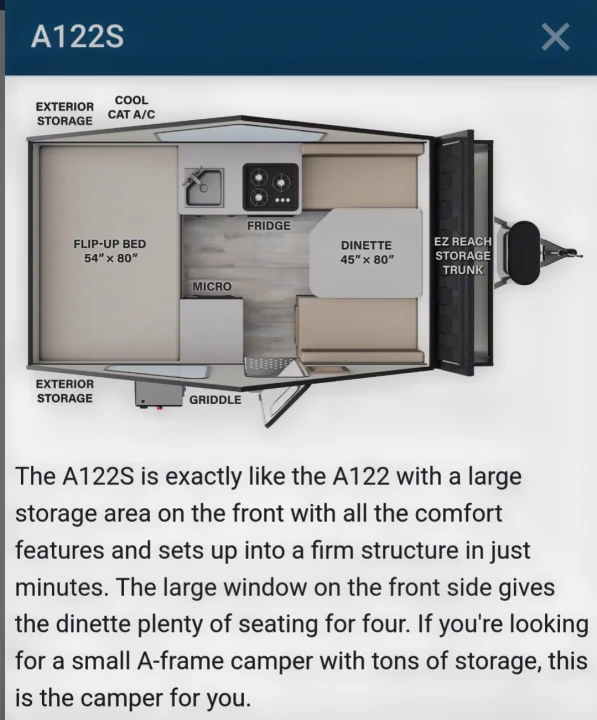A122S A-frame camper RV rental floor plan, highlighting bed, dinette, kitchen, and ample storage.. Rockwood A122s 2023