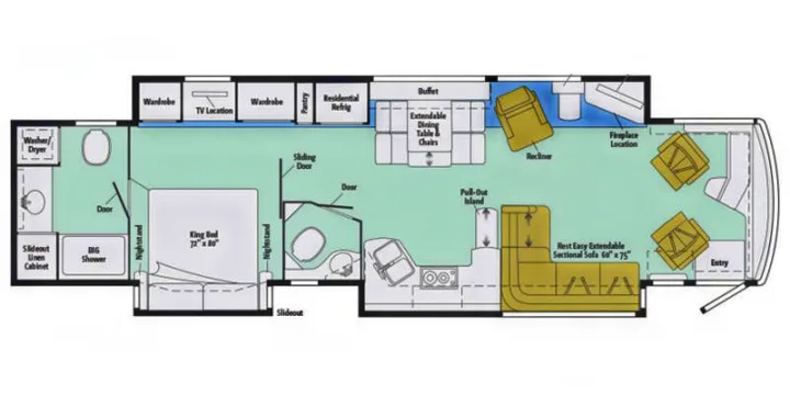This RV rental floor plan illustrates a spacious layout: king bed, bath, kitchen, dining, and living room with fireplace.. Winnebago Ellipse 2016