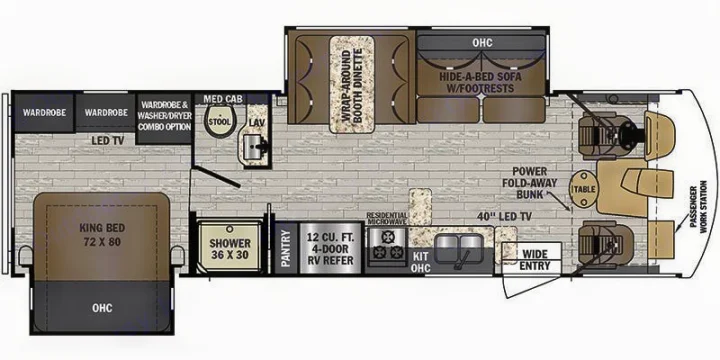 RV rental floor plan: King bed, bath (36x30 shower), kitchen, dinette, sofa, and cockpit. Spacious motorhome layout.. Forest River Fr3 2021