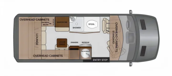 Top-down RV rental floor plan, detailing lounge, kitchen (fridge, microwave), shower, wardrobe, and cab areas.. Holiday Rambler Expedition 2024
