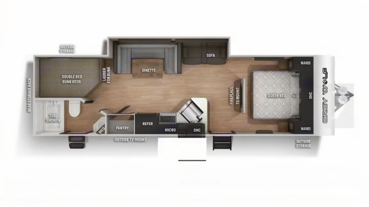RV rental floor plan: spacious interior layout with queen & bunk beds, kitchen, bath, dinette, sofa.. Forest River Cherokee Grey Wolf 2022