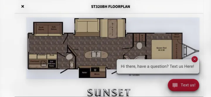 ST320BH RV floorplan details for your rv rental. Interior layout with queen bed, dinette, bunks, and kitchen.. Crossroads RV Sunset Trail Super Lite 2017