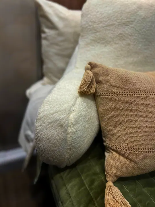 Plush comfort in your RV rental: a soft white backrest, textured beige pillow, and green throw create a cozy space.. Thor Sequence 2023