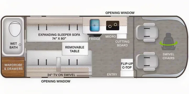 Explore this RV rental floor plan featuring a wet bath, expanding sofa, kitchenette, removable table, and swivel front chairs.. Thor Sequence 2023