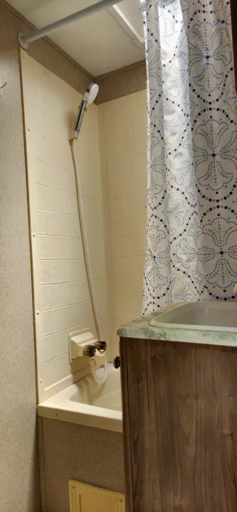 Inside an RV rental: a compact bathroom featuring a shower/tub, shower curtain, and partial vanity.. Aspen Trail Aspen Trail Trailer 2019