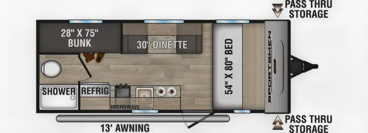 This Sportsmen Classic RV rental floor plan illustrates its functional interior with bed, bunk, dinette, kitchen, & bath.. K-Z RV Sportsmen Classic 2024