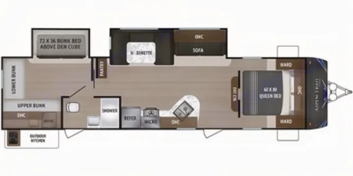 RV rental floor plan: Aspen Trail travel trailer with queen bed, bunks, U-dinette, kitchen, and shower layout.. Aspen Trail Aspen Trail Trailer 2019