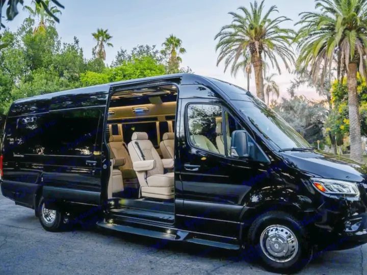 Black luxury RV rental van with open side door revealing plush cream captain's chairs, parked outdoors among palms.. Ultimate Toys Ultimate Coach 2022