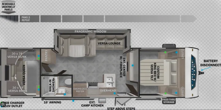 Top-down view of an RV rental floor plan, detailing versatile sleeping, living, kitchen, and bath areas for adventurous trips.. Forest River Salem Cruise Lite 2022