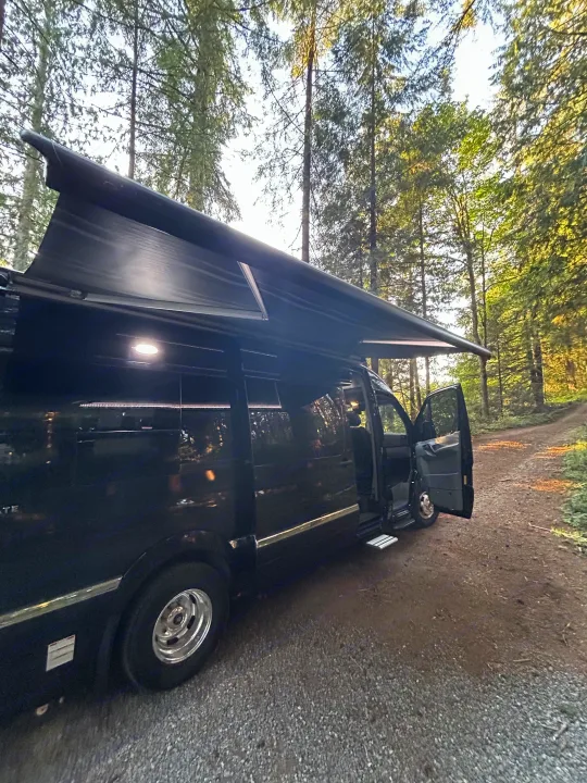 Black RV rental parked in a sunlit forest, with awning extended and side door open. Perfect for camping!. Airstream Interstate 2016