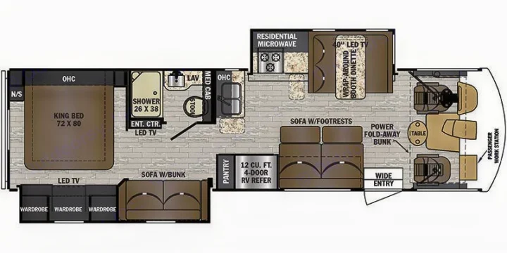 RV rental floor plan: This recreational vehicle's interior features a king bed, full bath, kitchen, dinette, and living area with bunk beds.. Forest River FR3 2020