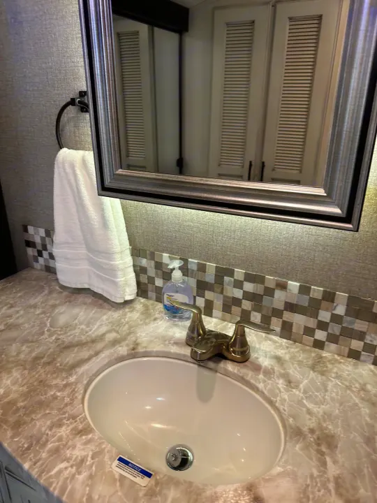 RV rental bathroom: a clean vanity with a white sink, modern faucet, and liquid soap. A white towel hangs beside a framed mirror.. Jayco Eagle 2020