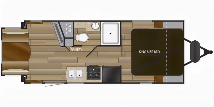 RV rental floor plan: King bed, bath, kitchen, and lounge area.. Cruiser Rv Corp Other 2018