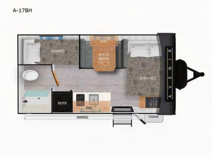 Avenir A-17BH RV rental floor plan: queen bed, bunkbed, dinette, kitchen, and bath.. Cruiser RV Avenir 2024